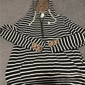 AMPERSAND AVE Black and White Striped Hoodie with Leopard Detail